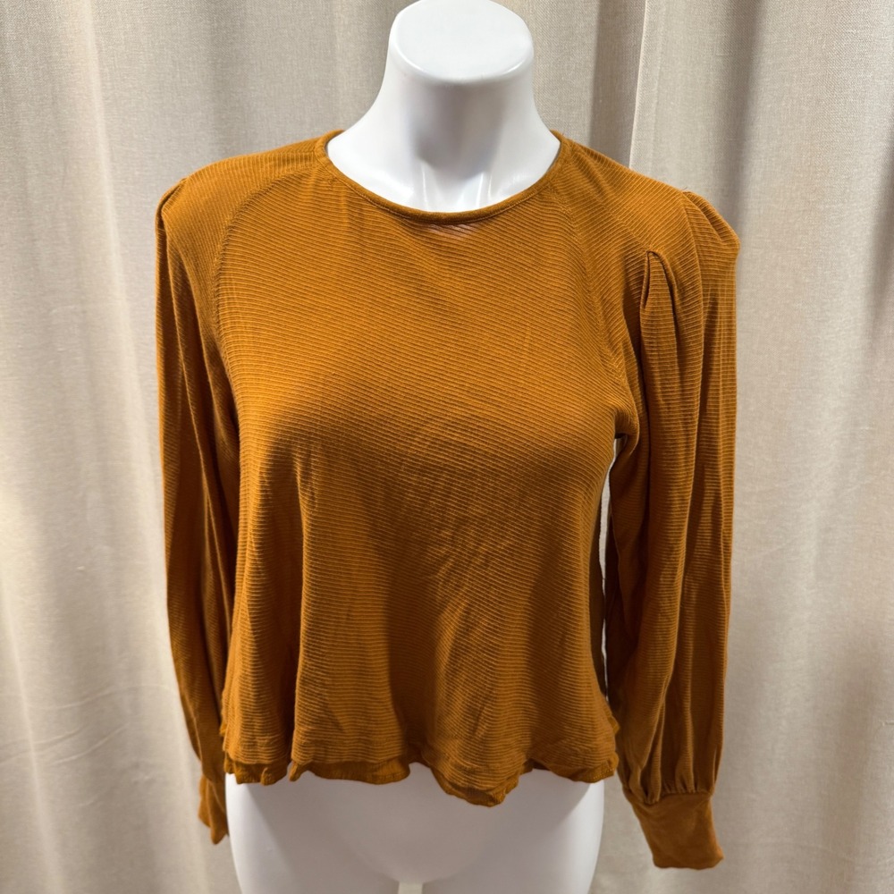 Free People Womens Top Long Sleeve Ribbed Knit Pullover Gold‎ Size Small